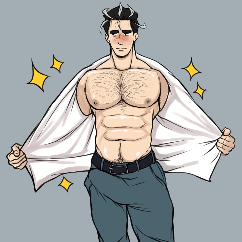 abs bara biceps big_bulge blush boner bulge clothing daddy dilf erection erection_under_clothes hairy_chest hoybarartist larry_(pokemon) male male_nipples male_only manly mature_male muscular_male nintendo nipples pecs penis_outline pokemon pokemon_sv solo solo_male