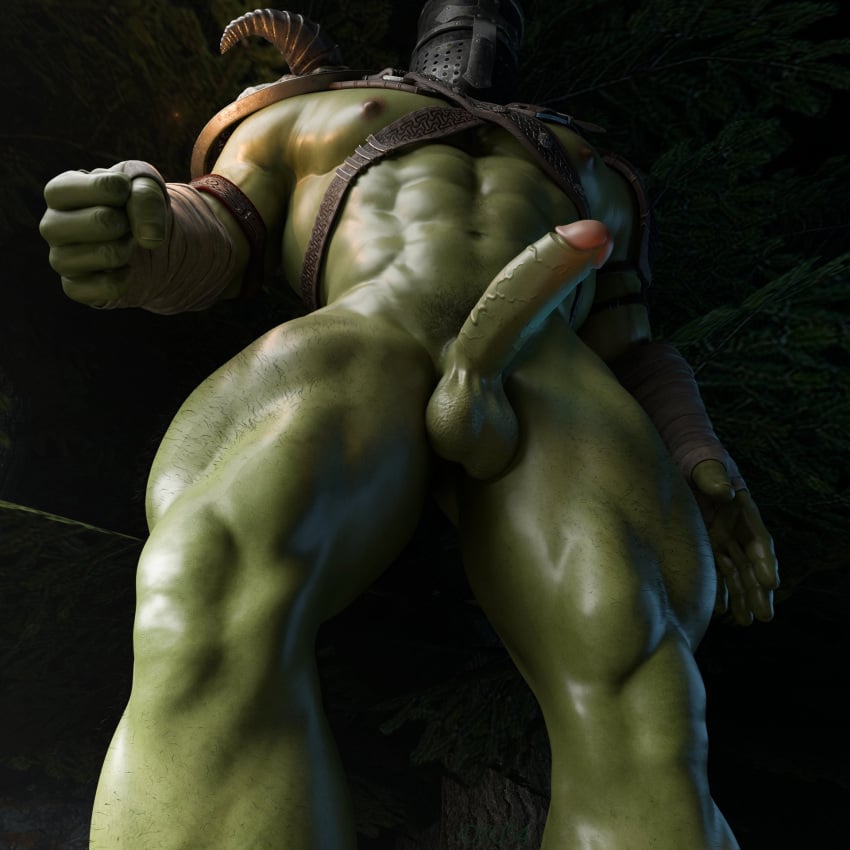 1boy balls bara barazoku green_body green_skin helmet helmet_only jdx054 male male_only muscular muscular_male orc penis solo solo_male