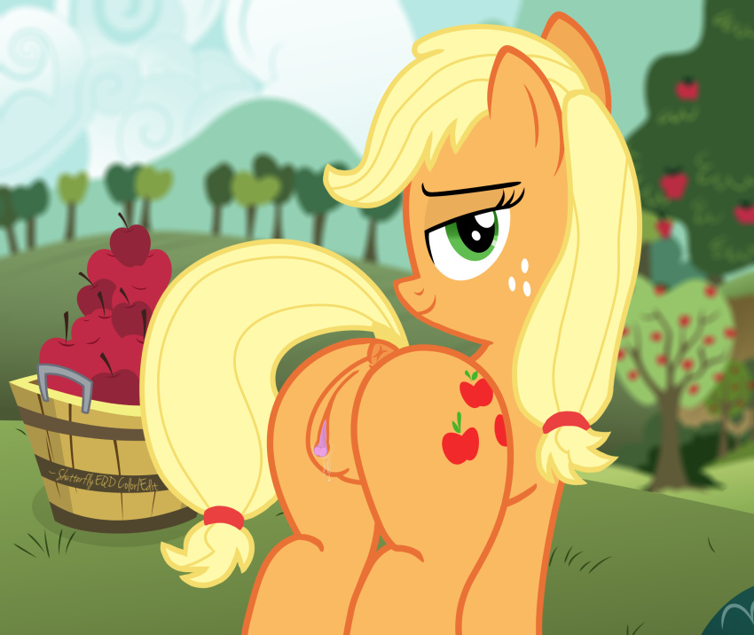 2015 anus apple applejack_(mlp) ass bedroom_eyes clitoris dock earth_pony equine female feral food friendship_is_magic fruit half-closed_eyes horse looking_at_viewer looking_back mammal my_little_pony outside pony puffy_anus pussy pussy_juice seductive shutterflyeqd smile solo