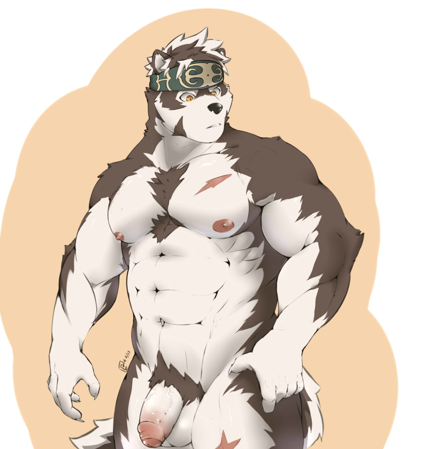 abs anthro balls canine essentialryu flaccid headband horkeukamui humanoid_penis male male_only mammal muscular muscular_male nude pecs penis pubes scar solo standing tokyo_afterschool_summoners uncut vein