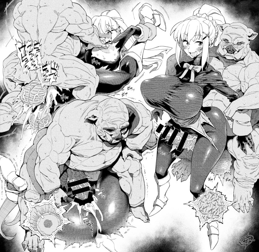 1girls 2boys bajou_takurou big_breasts censored cum_in_pussy darkness_(konosuba) female huge_breasts human human_female kono_subarashii_sekai_ni_shukufuku_wo! light-skinned_female light_skin male male/female monster muscular muscular_male orc orc_male pig tagme tremble_lines tremble_spikes unusual_penis vajo