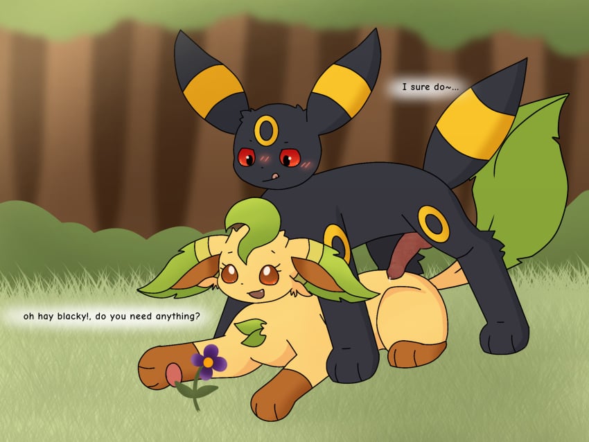 animal_genitalia animal_penis black_(eeveelution_squad) black_balls black_fur canine_genitalia cum eeveelution_squad esleafy feral green_fur laying_down laying_on_stomach leaf_(eeveelution_squad) leafeon nintendo penis pokemon pokemon_(species) standing umbreon