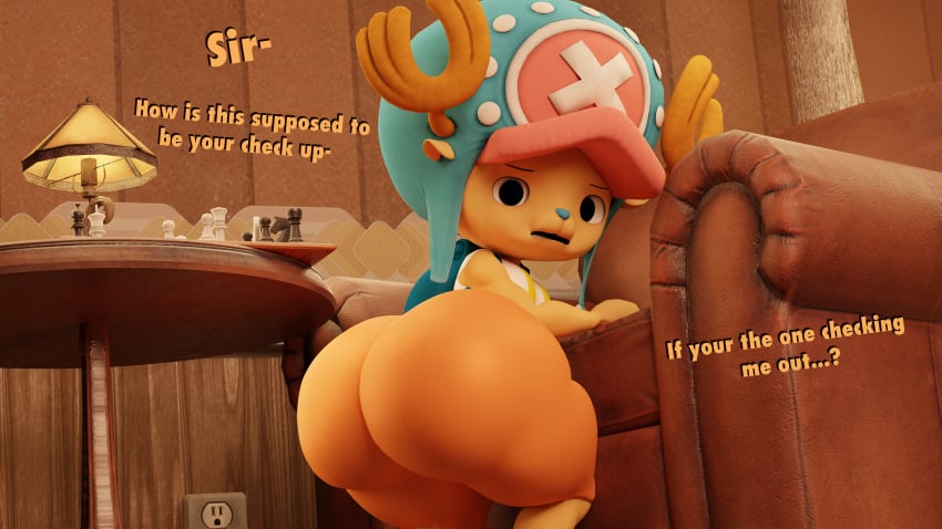 3d 3d_(artwork) 4k absurd_res aidenz anthro antlers backpack big_ass big_butt black_eyes blender blue_nose bubble_ass bubble_butt chopper confused confused_expression confused_face confusion dialogue doctor femboy femboy_focus femboy_only feminine feminine_body feminine_male feminine_pose furry gay girly hands_on_chair hat hooves human human_on_anthro human_on_furry large_ass larger_human leather_chair looking_at_viewer looking_back male male/male male_focus male_only oblivious one_piece reindeer shorts shortstack showing_ass smaller_anthro striped_clothing talking talking_to_viewer text tony_tony_chopper