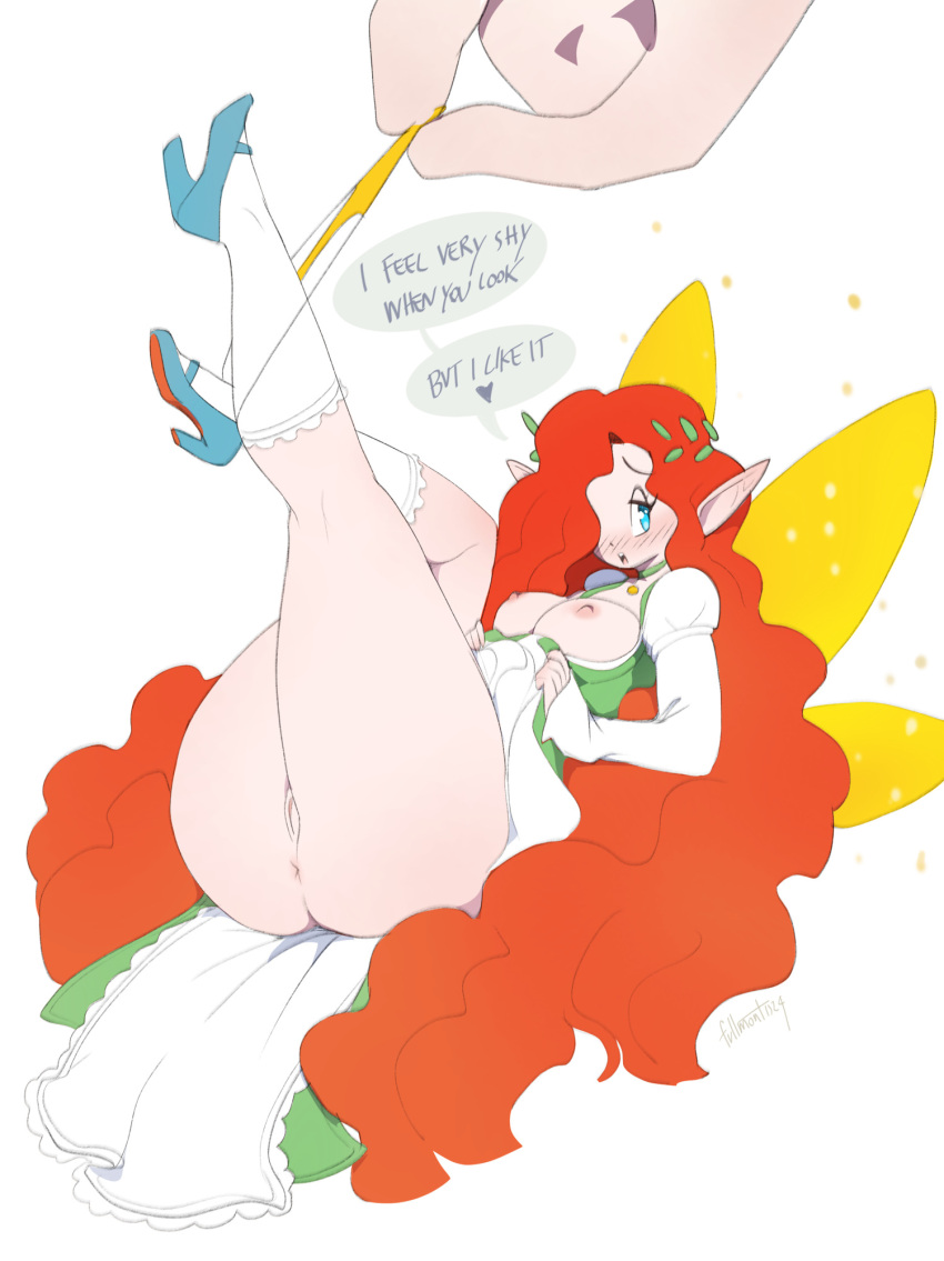 fairy fullmontis heels legs_up long_skirt mary_janes pointy_ears red_hair removing_panties socks thick_thighs white_socks wings