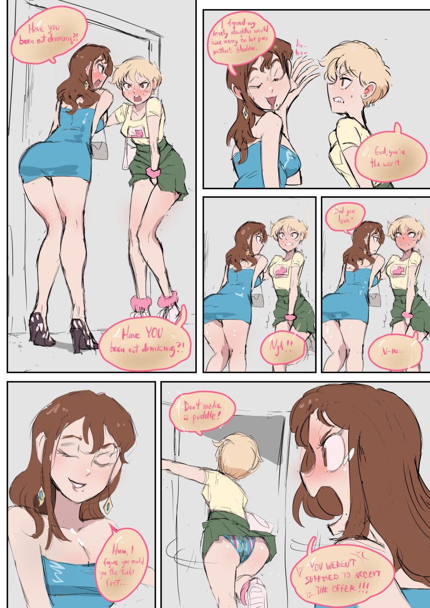 2girls 6koma ass biku black_heels blonde_hair blue_dress blush breasts brown_hair clenched_teeth closed_eyes daughter_(biku) desperation dress earrings english_text green_skirt hand_between_legs have_to_pee heels high_heels holding_crotch long_hair mother_(biku) mother_and_daughter original panties purse short_hair skirt speech_bubble underwear