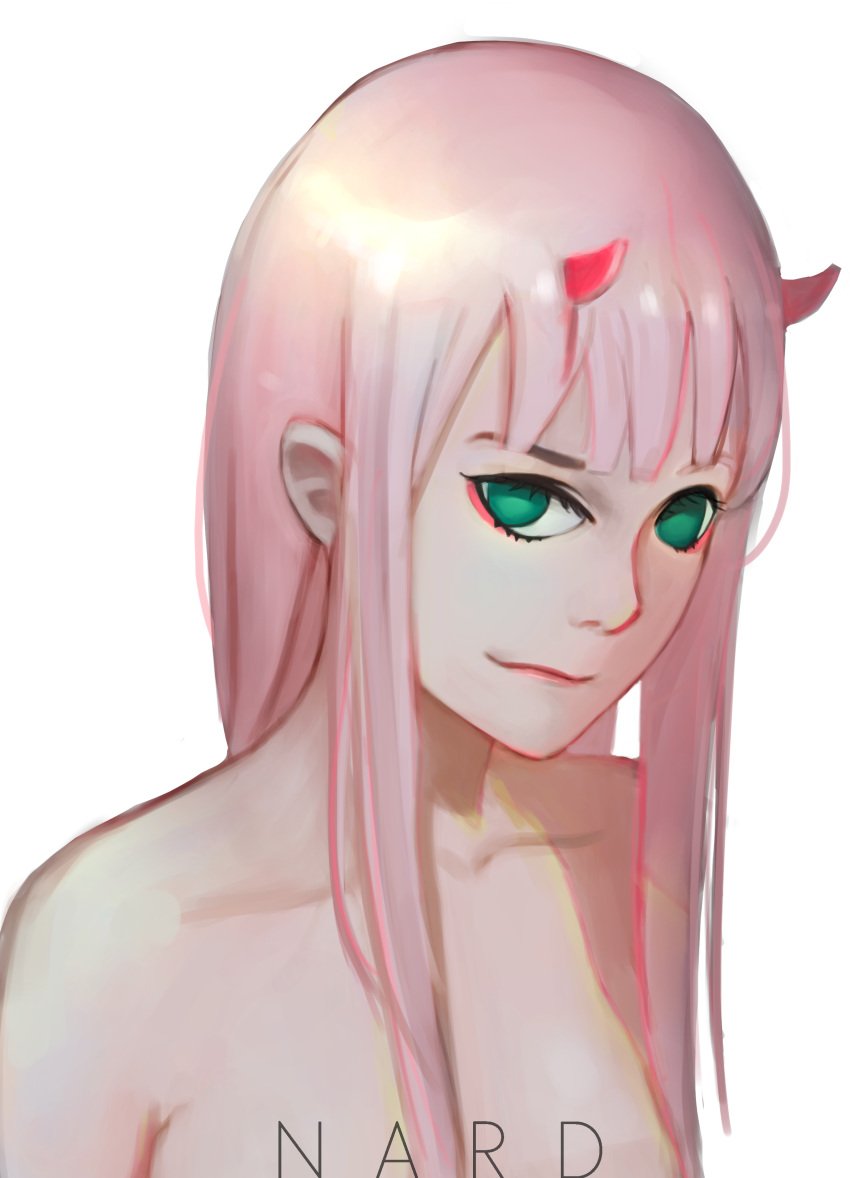 absurdres art_brush cuteg darling_in_the_franxx drawing female highres horns looking_at_viewer md5_mismatch nude paintbrush painting painting_(object) resized smile upscaled zero_two_(darling_in_the_franxx)