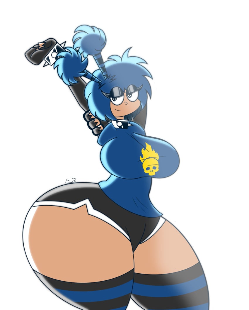 arms_behind_head arms_stretched arms_up_over_head big_breasts blue_hair gameboi_(artist) half-closed_eyes spiked_collar thick thick_thighs yuki_(gameboi)