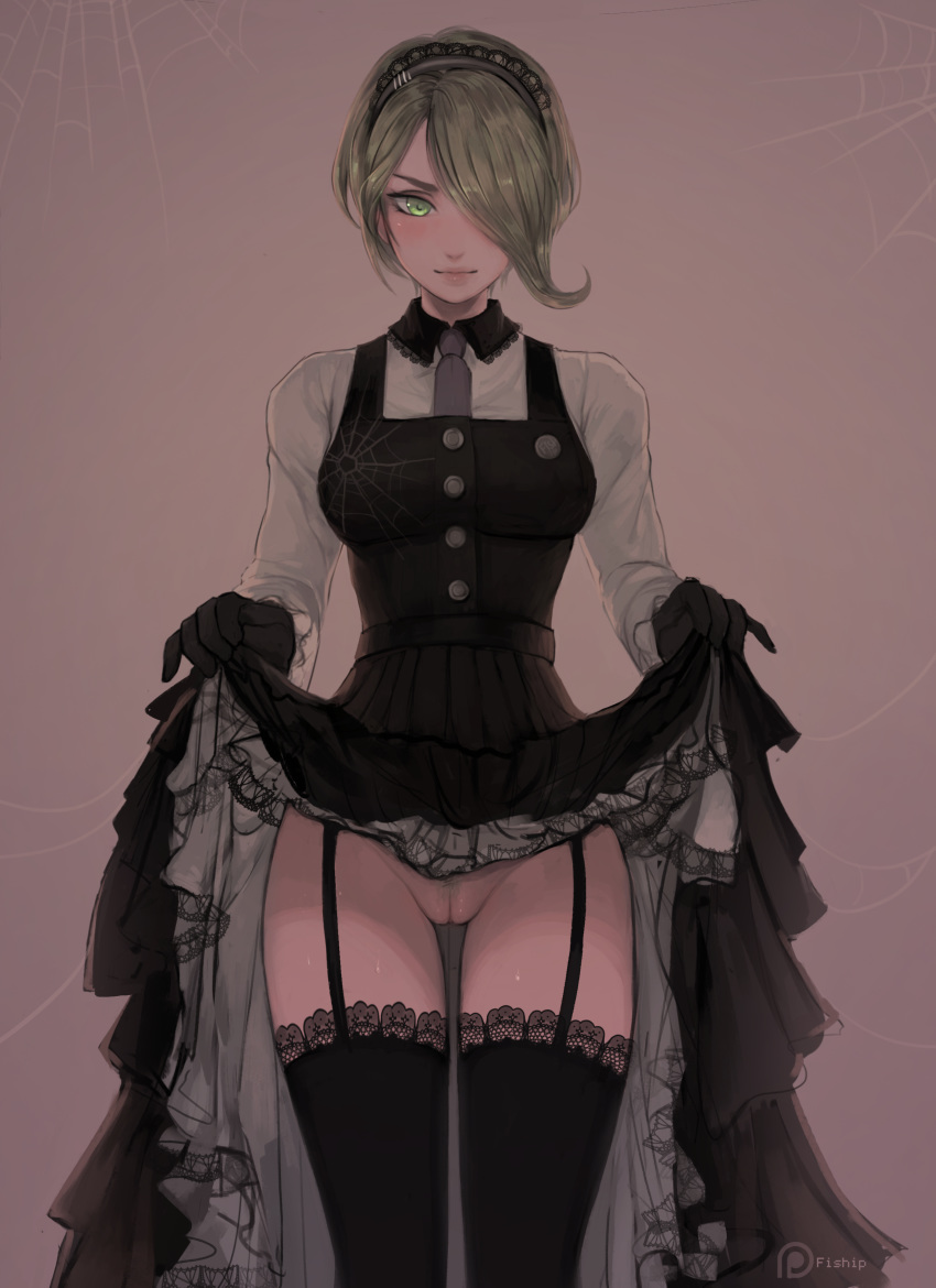 1girls absurdres artist_name black_gloves black_legwear black_vest brown_background closed_mouth cowboy_shot danganronpa female female_only fiship frilled_legwear frilled_skirt frills garter_straps gloves green_eyes green_hair grey_neckwear hair_over_one_eye highres lifted_by_self long_skirt long_sleeves looking_at_viewer maid matilda_fiship matilda_vin necktie new_danganronpa_v3 one_eye_covered paid_reward patreon_logo patreon_reward pink_lips pleated_skirt pussy shirt silk simple_background skirt skirt_lift smile solo spider_web standing straight_hair thighhighs toujou_kirumi vest white_shirt