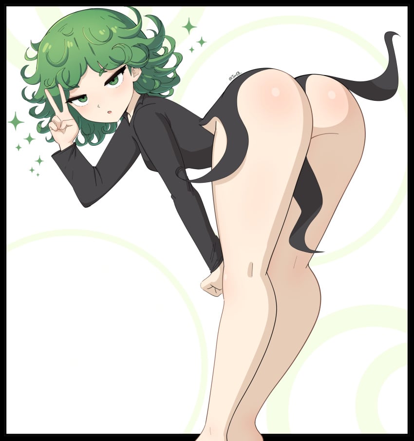 1girls ass bent_forward bent_over big_ass black_dress breasts clothing dress female female_only green_eyes green_hair hair jeffcb_ legs looking_at_viewer one-punch_man peace_sign pelvic_curtain pose posing short_hair small_breasts solo solo_female sparkle sparkles tatsumaki thighs