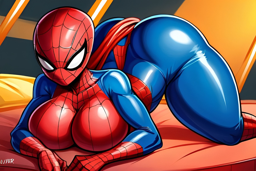 ai_generated ass big_ass big_breasts female jack-o_pose lying_down marvel marvel_comics solo spider-girl spider-man_(series) superheroine thick_thighs