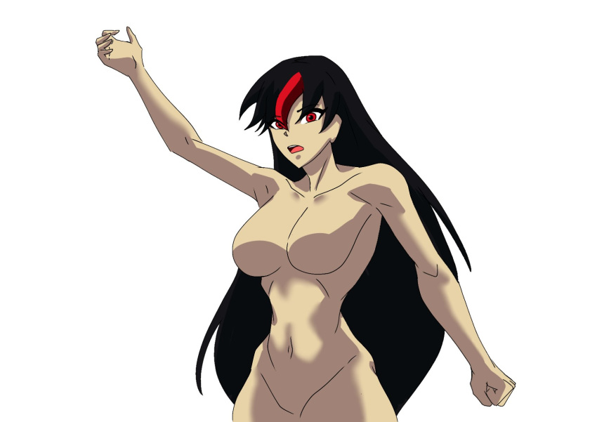 1girls black_hair dynamite_woman_(luzbelarco) featureless_breasts long_hair mega_man mega_man(classic) nitsuga_itnas no_nipples no_pussy nude oc original_character red_eyes