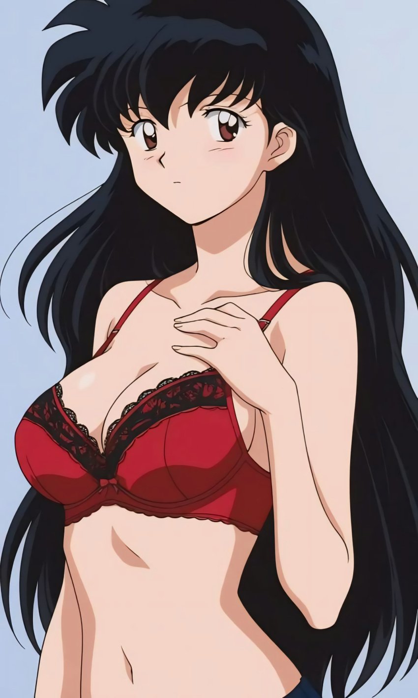 1girl 1girls ai_generated alone artist_request black_hair black_hair_female blushing blushing_at_viewer blushing_female bra brown_eyes brown_eyes_female female_only girl_only hand_on_breast hand_on_own_breast inuyasha kagome_higurashi lingerie long_hair long_hair_female looking_at_viewer medium_breasts only_female only_girl red_bra remastered semi_nude solo_female solo_focus teen_girl teenage_girl upscaled young young_female young_girl young_woman