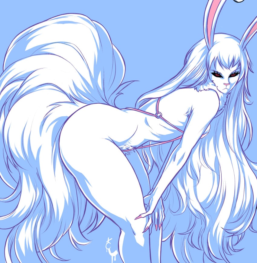 1girls absurd_res ass bent_over black_sclera blue_background carrot_(one_piece) female female_only furry_tail long_hair looking_at_viewer one_piece rabbit_ears red_eyes sharp_fingernails side_view sling_bikini slingshot_bikini solo sulong_carrot tail thick_ass thick_thighs turtlechan very_high_resolution white_hair