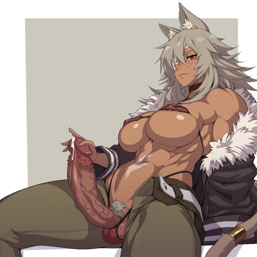 1futa abs animal_ears areola_slip big_breasts big_penis breasts cum dark-skinned_futanari dark_skin decensored edit erect_penis erection eyepatch futa_only futanari ghislaine_dedoldia grey_hair hand_on_penis jacket large_penis masturbation mikoyan muscular nipple_bulge one_eye_obstructed pants partially_clothed penis pubic_hair sitting solo spiked_penis tail testicles veiny_penis