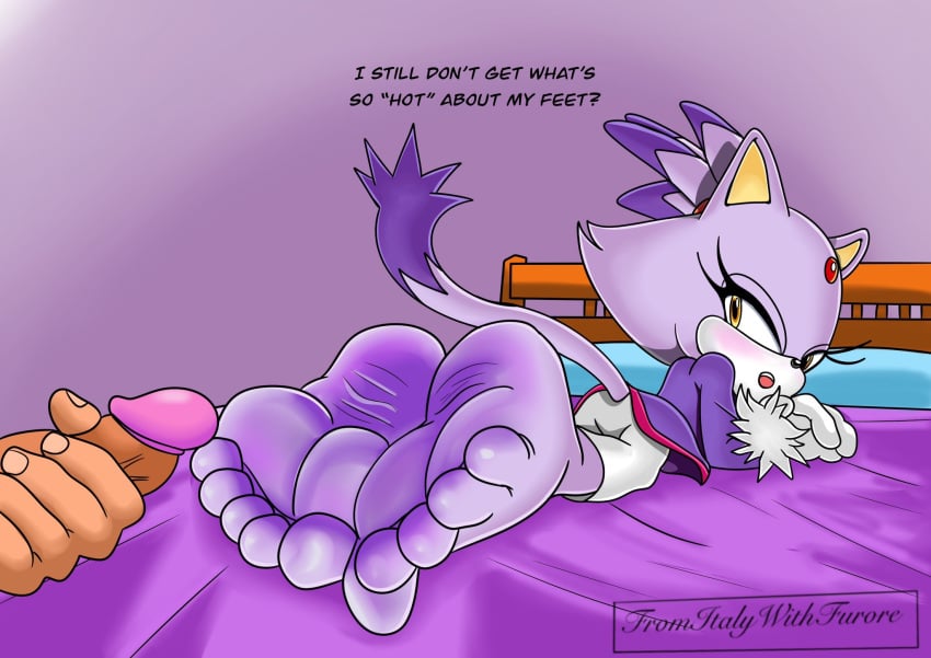 5_toes anthro barefoot bed blaze_the_cat dialogue domestic_cat duo english_text feet felid feline felis female foot_focus fromitalywithfurore furniture genitals hi_res human looking_back male mammal open_mouth penis purple_body sega soles sonic_(series) sonic_the_hedgehog_(series) tail text toes wrinkled_feet wrinkles