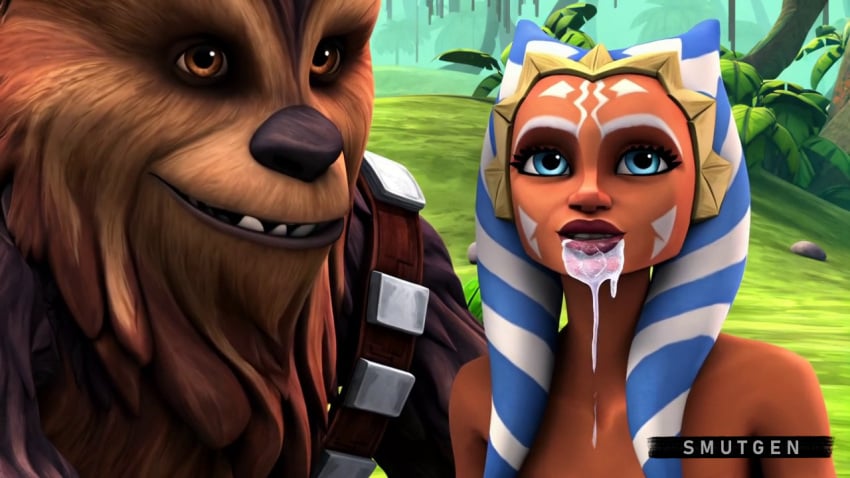 ahsoka_tano ai_generated alien_girl chewbacca clone_wars cum cum_dripping_down_chin cum_in_mouth dripping_cum implied_fellatio implied_nudity implied_oral implied_sex interspecies interspecies_sex jedi jedi_padawan jungle kashyyyk on_model oral oral_sex orange_skin post_oral smutgen star_wars togruta wookiee