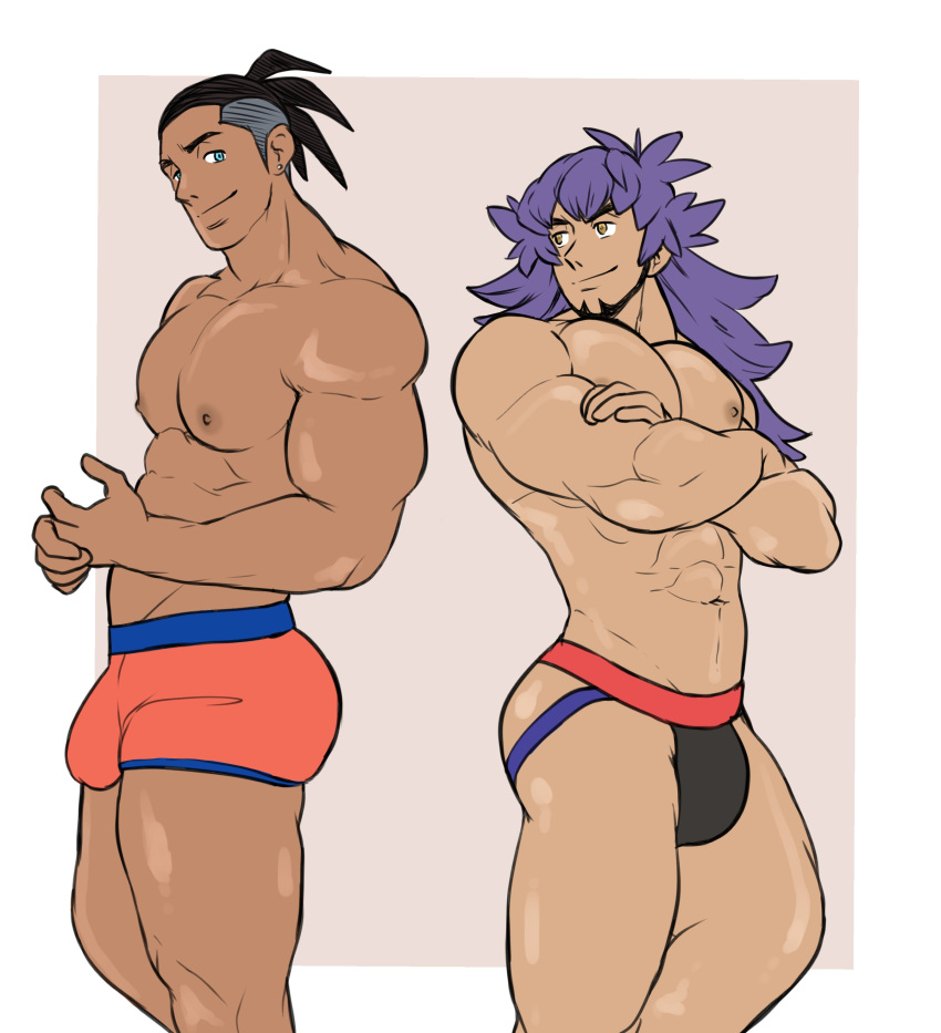 abs bara biceps big_bulge boxers bulge dark_male_only flaccid gay hoybarartist jockstrap leon_(pokemon) male male/male male_nipples male_only manly muscular_male nintendo nipples pecs penis_outline pokemon pokemon_ss raihan_(pokemon) underwear