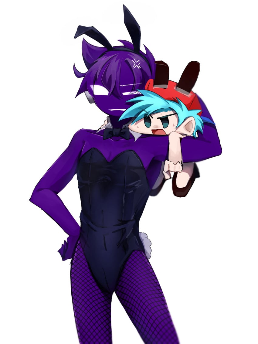 1_01010_1 2boys ahoge anger_vein angry angry_face backwards_baseball_cap black_bunnysuit black_hole blue_hair boyfriend_(friday_night_funkin) bunny_boy bunny_ears bunnysuit carrying_over_shoulder cosmic_hair cosmic_skin cyan_hair femboy fishnet_legwear fishnets fnf_mods friday_night_funkin friday_night_funkin_mod glowing_eyes headphones high_heels light-skinned_male mob_face no_nose non-human pale_skin purple_hair purple_skin size_difference smaller_male void_(friday_night_funkin) white_eyes