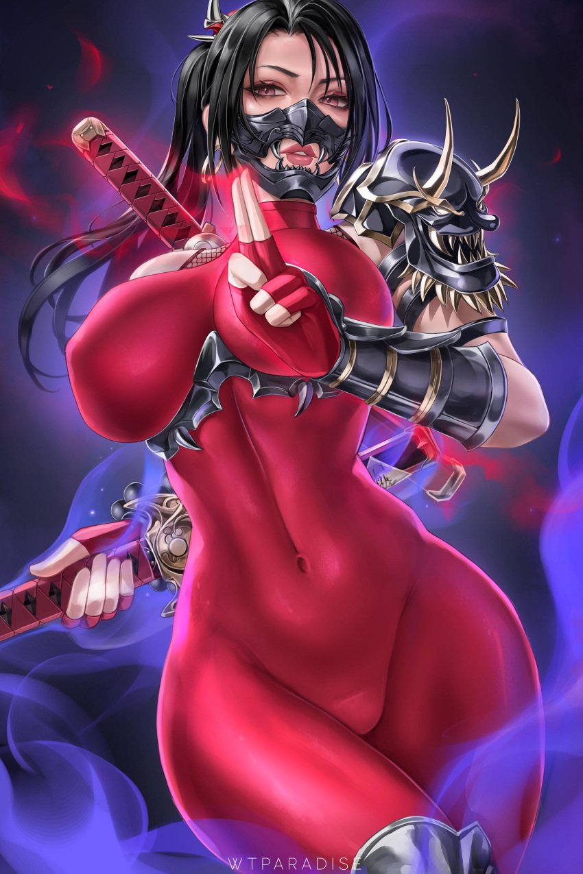 1girls big_breasts black_hair bodysuit breasts female female_human fit_female full_lips hips hourglass_figure huge_hips human impossible_fit kunoichi large_breasts light-skinned_female long_hair looking_at_viewer mask masked masked_female mature_female navel ninja ninja_girl nipple_bulge ponytail skin_tight slim_waist soul_calibur soulcalibur taki thick_thighs tight tight_clothes tight_clothing wide_hips wtparadise