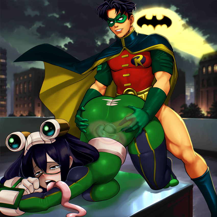 1boy 1girls batman_(series) big_ass big_breasts boku_no_hero_academia crossover cum_in_pussy dc dc_comics doggy_style eastern_and_western_character female froppy hero_outfit_(mha) internal internal_cumshot internal_view large_ass large_breasts male my_hero_academia outdoor_sex outdoors outside public public_sex ripped_clothing ripped_pants robin_(dc) robin_(tim_drake) tim_drake tongue_out tsuyu_asui