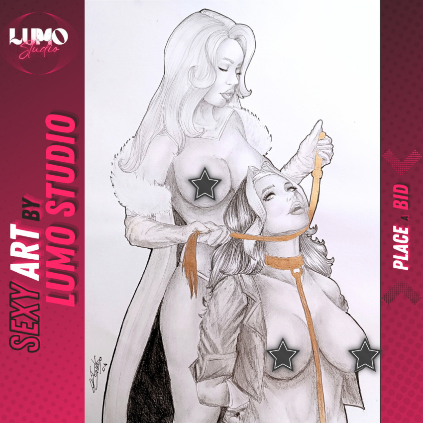 2girls anna_marie breasts_out censored censored_nipples dominant_female emma_frost large_breasts lu_cardoso lumo_studio marvel marvel_comics rogue_(x-men) rope_bondage submissive_female topless topless_female traditional_media_(artwork) white_queen x-men