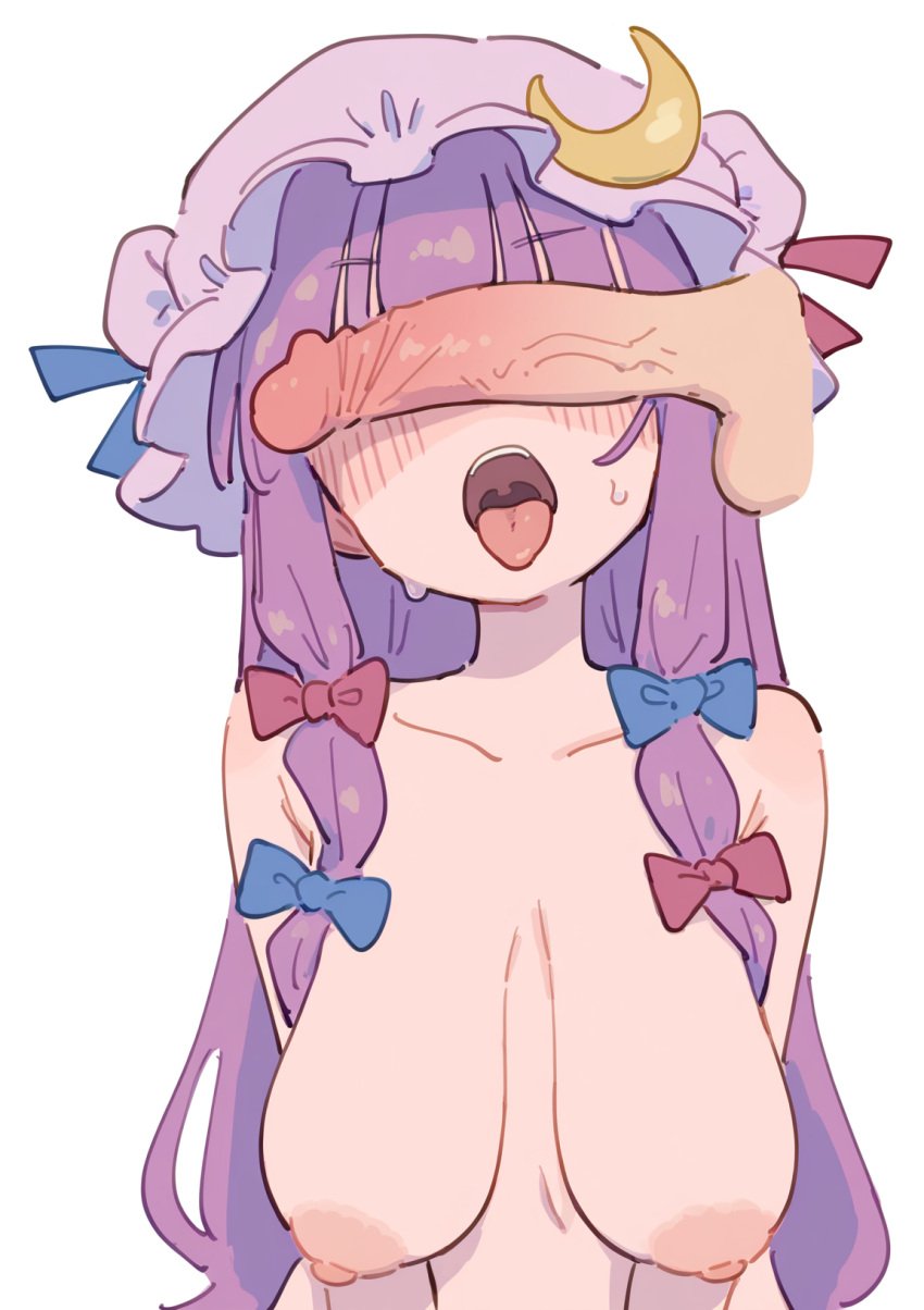 ai_generated blush completely_nude disembodied_penis female fire-inc hair_ribbon hat large_breasts nipples open_mouth patchouli_knowledge penis_over_eyes purple_hair sagging_breasts tongue_out