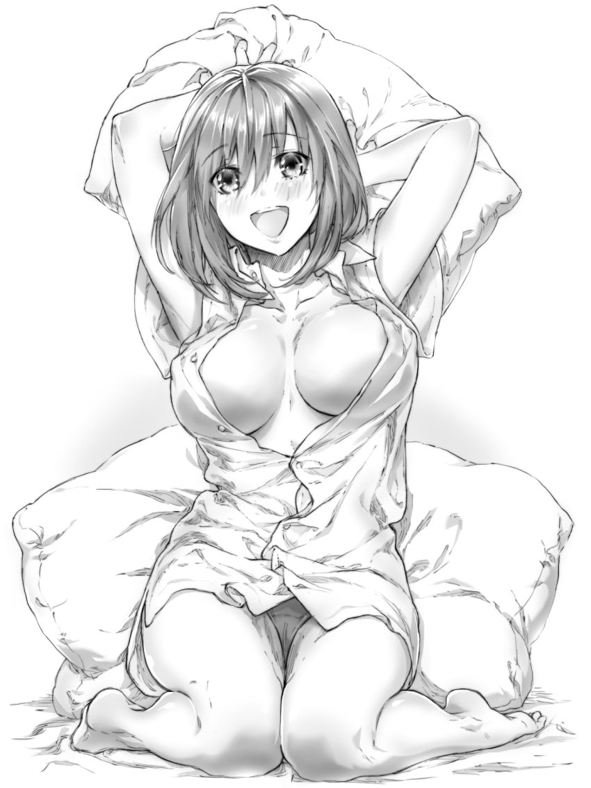 arms_up barefoot blush breasts breasts_apart cameltoe collarbone collared_shirt female full_body go-toubun_no_hanayome greyscale highres holding holding_pillow knees_together_feet_apart large_breasts medium_hair monochrome nakano_yotsuba open_mouth panties partially_unbuttoned pillow revision shirt sitting solo thighs underwear wariza yu_(flowerbird3830)