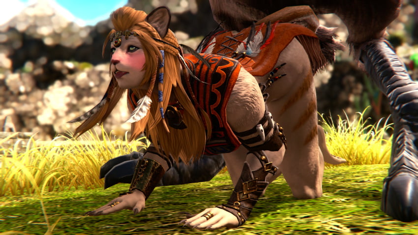 ahe_gao anthro blush chocobo dominant_feral eyes_rolling_back feral_on_anthro feral_penetrating final_fantasy final_fantasy_xiv furry gpose(ffxiv) green_eyes hrothgar knot knotted_penis orange_fur orange_hair outdoors partially_clothed public public_sex size_difference square_enix tongue_out vaginal_penetration vaginal_sex wuk_lamat zoophilia