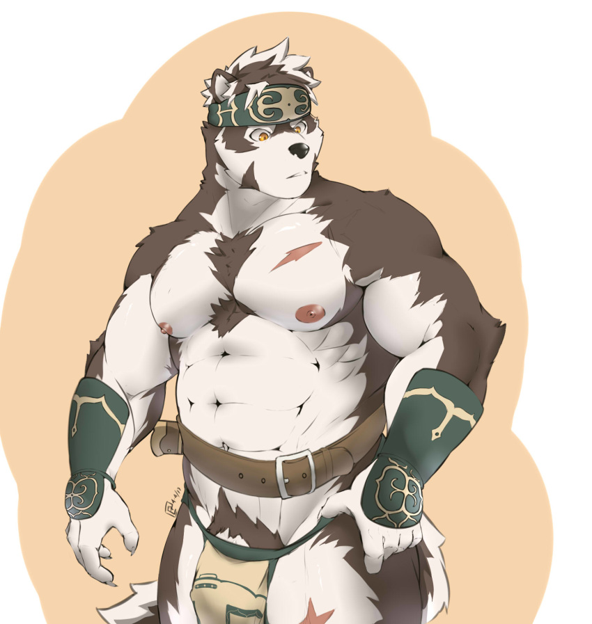 abs anthro bulge canine clothing essentialryu flaccid headband horkeukamui humanoid_penis loincloth male male_only mammal mostly_nude muscular muscular_male pecs penis pubes scar solo standing tokyo_afterschool_summoners vein