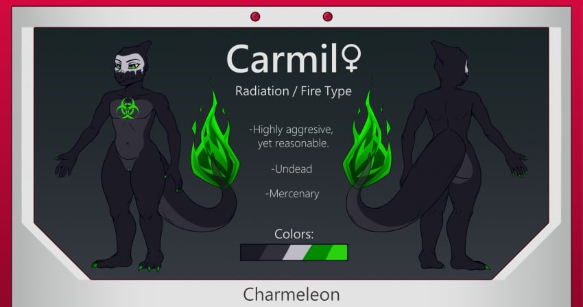 2024 3_toes anthro ass belly black_body black_eyebrows black_skin black_tail bone-shaped_pupils border carmil_(dragonschild123) character_name charmeleon claws color_swatch colored colored_fire digital_media_(artwork) english_text eyebrows eyelashes feet female finger_claws fire flaming_tail flat_chested front_view game_freak gender_symbol generation_1_pokemon genitals green_claws green_eyes green_fire grey_body grey_pussy grey_skin grey_tail hazard_symbol hi_res long_tail mercenary model_sheet mouth_closed multicolored_body multicolored_skin navel nintendo nude pokemon pokemon_(species) pupils pussy radiation_symbol rear_view shaped_pupils solo standing stated_gender symbol tail text therealaisek thick_tail thick_thighs toe_claws toes two_tone_body two_tone_skin two_tone_tail undead white_pupils