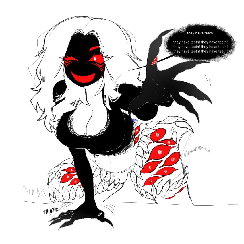 ass belly big_ass booty_shorts breasts cute dialog dialogue eyelashes eyeliner eyes fupa huge_ass huge_breasts makeup monster nails oc open_wound original original_character r8toa red_eyes self_insert sharp_nails short_shorts shorts tagme teeth text thick_thighs thighs toa_(r8toa)