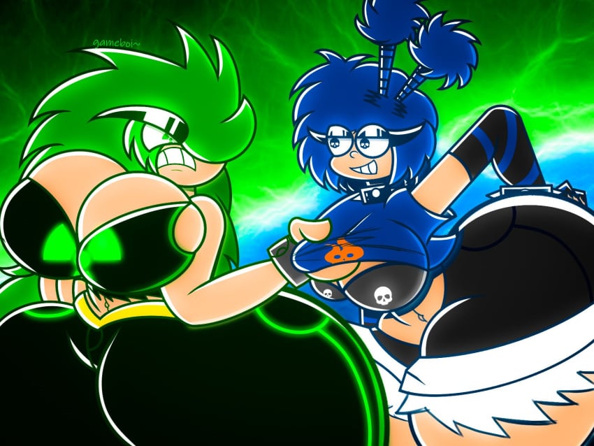 arms_behind_head arms_stretched arms_up_over_head big_breasts blue_background blue_hair bra_showing enemies gameboi_(artist) grabbing_shirt green_background green_hair half-closed_eyes one_eye_covered rivals spiked_collar thick thick_thighs toxie_(gameboi) yuki_(gameboi)