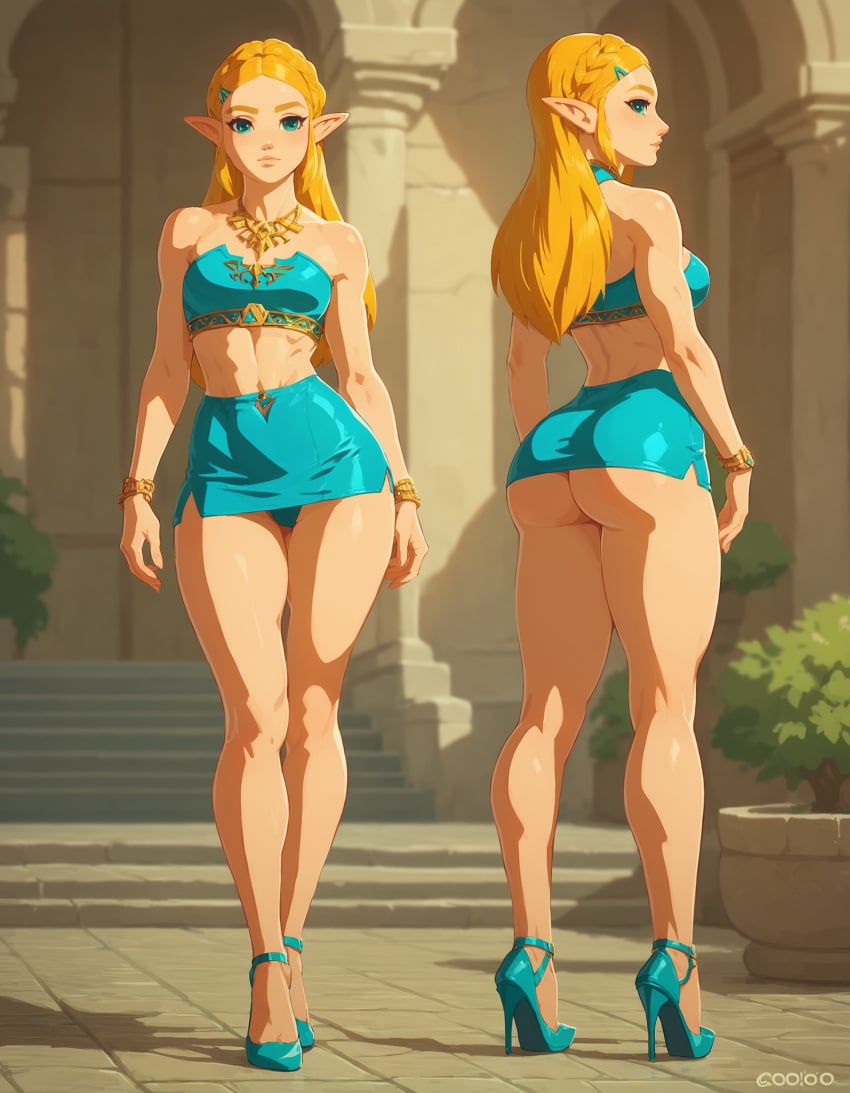 ai_generated big_ass blonde_hair blue_eyes breath_of_the_wild crop_top full_body high_heels jewelry microdress microskirt miniskirt multiple_views official_style pointy_ears pony_diffusion_xl princess_zelda small_breasts stable_diffusion standing stiletto_heels the_legend_of_zelda very_high_heels zelda_(breath_of_the_wild)