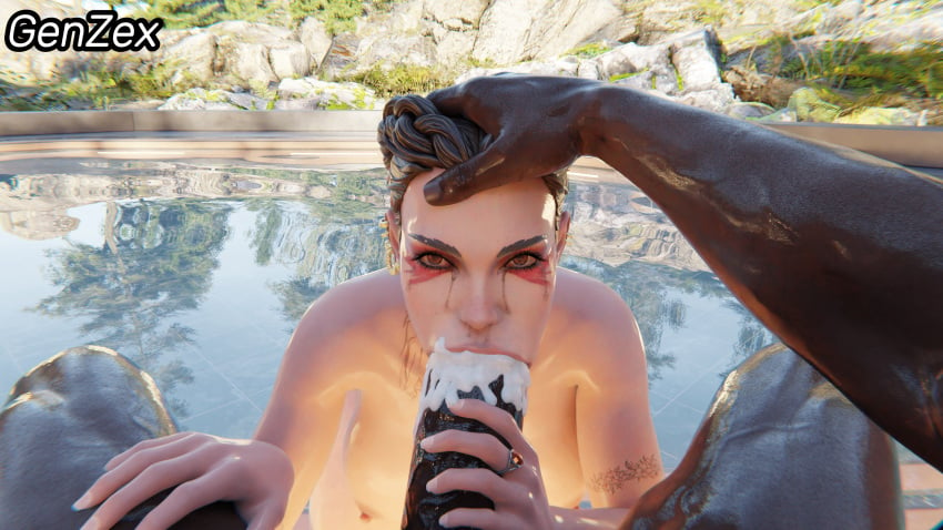 3d apex_legends black_hair blowjob cum cum_in_mouth dark-skinned_male dark_penis dark_skin genzex latina loba loba_(apex_legends) oiled poolside respawn_entertainment