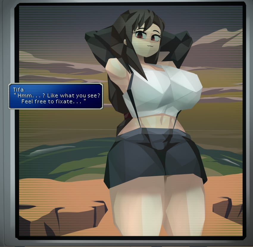 1girls armpits arms_up big_breasts black_hair breasts busty captain_kirb clothing female female_only final_fantasy final_fantasy_vii hands_behind_head huge_breasts large_breasts looking_at_viewer low_poly low_poly_tifa png red_eyes solo talking_to_viewer text text_box thick_thighs tifa_lockhart wide_hips