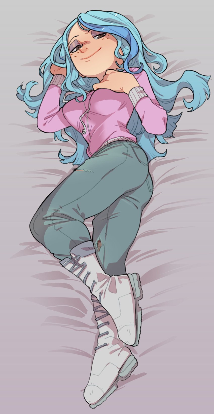 1female 1girls 2d andrea_davenport blue_hair dakimakura female footwear full_color fully_clothed hand_on_breast jacket knuxy long_hair looking_back lying lying_on_bed no_penetration no_sex pants pink_jacket presenting presenting_ass presenting_breasts shoes showing_breasts smile smiling_at_viewer smirk solo solo_female sweater the_ghost_and_molly_mcgee thick thick_ass thick_legs wanting_sex