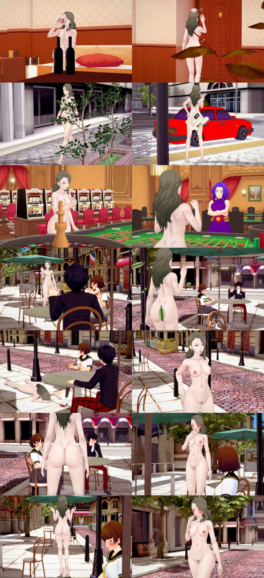 1boy 3d 3girls ass barefoot brown_hair casino casual censored_to_uncensored clothed_female_nude_female clothed_male_nude_female couch crossover dress female human koikatsu lady_nagant living_room long_hair makoto_niijima multiple_girls my_hero_academia navel nipples nudist pale_skin pants persona persona_5 public purple_dress pussy ren_amamiya retropunch sae_niijima school_uniform short_hair sisters skirt street wine wine_bottle wine_glass