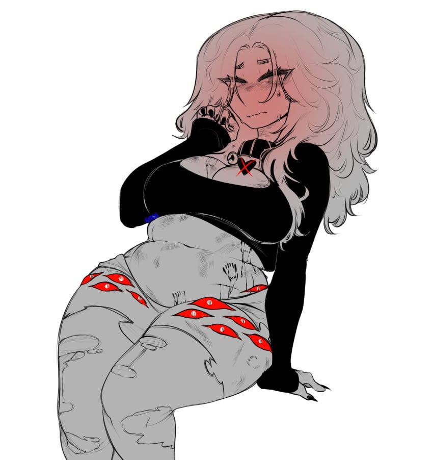 ass belly big_ass bite bite_marks blush blushing_at_viewer blushing_profusely booty_shorts breasts cute dialog dialogue eyelashes eyeliner eyes fupa huge_ass huge_breasts looking_at_viewer makeup nails oc original original_character r8toa ripped_clothing ripped_stockings self-harm_scars self_insert sharp_nails short_shorts shorts stockings tagme text thick_thighs thigh_highs thighhighs thighs toa_(r8toa)