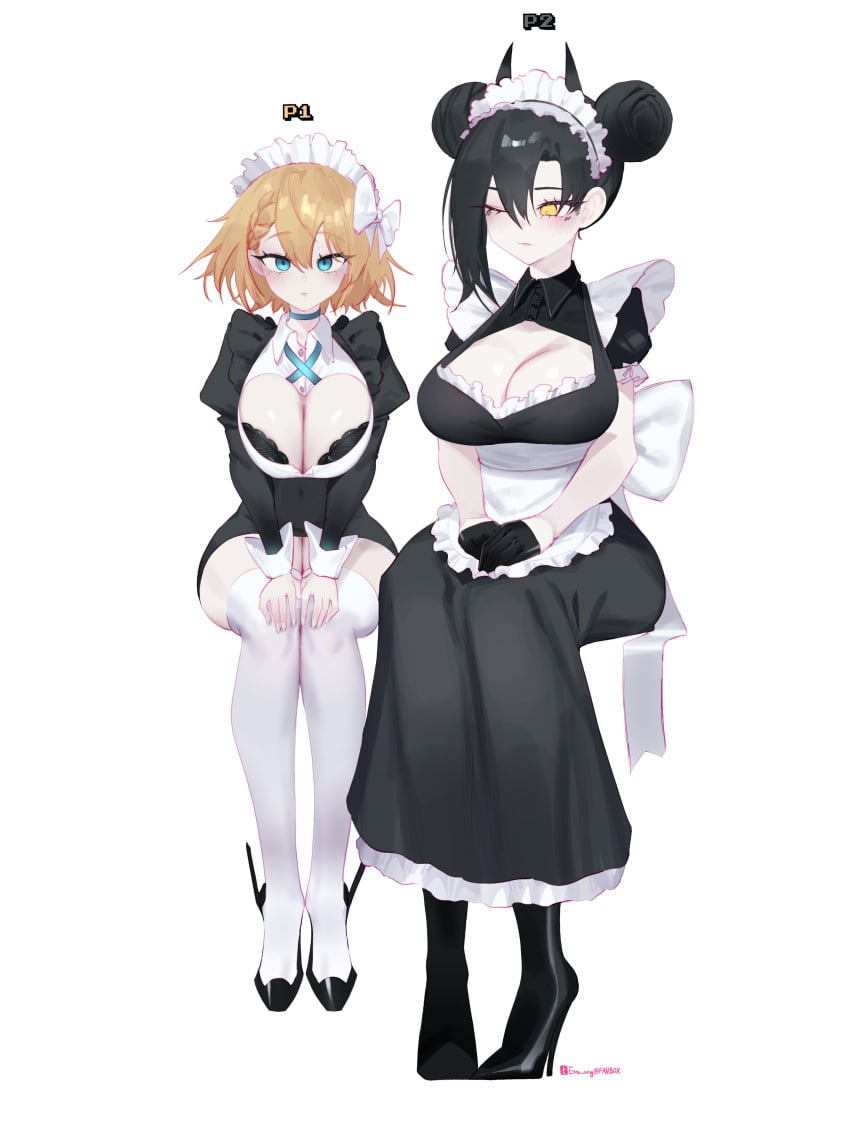 2girls absurdres agent_(girls&#039;_frontline) apron aqua_eyes asymmetrical_hair black_bra black_dress black_footwear blonde_hair bow bra bra_peek breasts cleavage cleavage_cutout closed_mouth clothing_cutout double_bun dress eonsang female g36_(girls&#039;_frontline) girls&#039;_frontline hair_between_eyes hair_bun hairbow half_up_braid hands_on_own_knees high_heels highres horns looking_at_another looking_at_viewer maid maid_headdress multiple_girls one_eye_closed shoes short_hair simple_background sitting thighhighs underwear white_apron white_background white_thighhighs