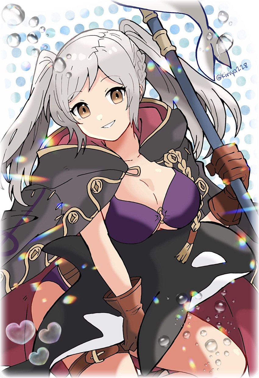 1girls alternate_costume bikini black_jacket breasts brown_gloves cleavage female female_only fire_emblem fire_emblem_awakening fire_emblem_heroes gloves grin highres holding holding_polearm holding_weapon hood hood_down hooded_jacket jacket jacket_on_shoulders kiriya_(552260) large_breasts long_hair nintendo official_alternate_costume polearm purple_bikini purple_swimsuit robin_(female)_(fire_emblem) robin_(female)_(summer)_(fire_emblem) robin_(fire_emblem) robin_(fire_emblem)_(female) smile solo swimsuit twintails twitter_username weapon white_hair