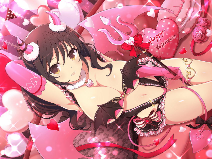 arm_behind_head armpits asuka_(senran_kagura) bare_arms bare_belly bare_legs bare_shoulders bare_thighs bedroom belly_button big_breasts blush body_blush breasts brown_eyes brown_hair cleavage clothing_cutout couch demon_girl demon_tail demon_wings devil_horns elbow_gloves fur_collar gloves lingerie long_hair marvelous official_art open_mouth pink_gloves senran_kagura senran_kagura_new_link shiny_skin smile stomach_cutout thigh_strap thighs trident underwear valentine yaegashi_nan