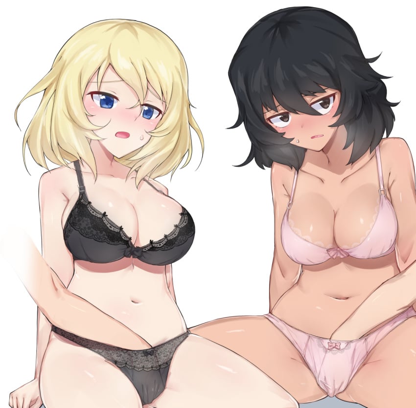 2girls andou_(girls_und_panzer) bad_pixiv_id black_bra black_hair black_panties blonde_hair blue_eyes blush bow bow_bra bow_panties bra breasts breath cleavage collarbone commentary_request debutya_aki fingering girls_und_panzer hair_between_eyes hand_in_another's_panties hand_in_panties highres large_breasts medium_hair multiple_girls navel open_mouth oshida_(girls_und_panzer) panties parted_lips pink_bra pink_panties simple_background sitting sweatdrop underwear underwear_only white_background