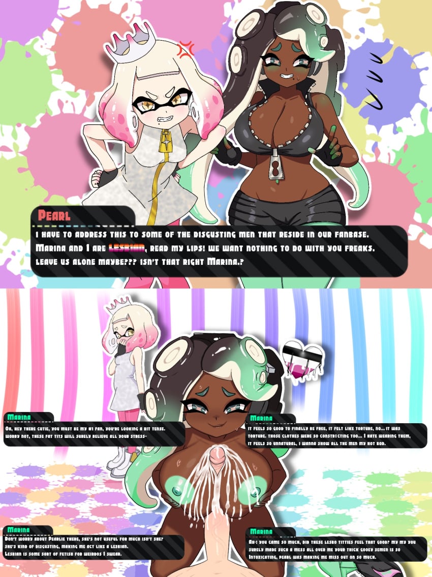 1boy 2girls cucked_lesbian hand_on_mouth light-skinned_female long_hair marina_(splatoon) medium_hair midriff mole mole_under_mouth nervous nervous_smile nintendo octoling octoling_girl off_the_hook_(splatoon) orientation_play paizuri pearl_(splatoon) pink_hair pink_legwear pov revision shorts simple_background sleeveless small_breasts source_request splatoon splatoon_2 splatoon_3 straight sweatdrop tentacle_hair text text_box titjob two_tone_hair unepicroachy_(leepicmochi) white_background white_hair wide_hips yellow_eyes zipper