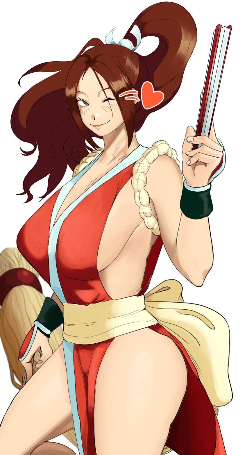 1girls big_breasts brown_eyes brown_hair busty fan female gloves hair_ornament heart huge_breasts japanese japanese_clothes king_of_fighters light-skinned_female light_skin long_hair mai_shiranui one_eye_closed pale-skinned_female pale_skin smile thighs tied_hair