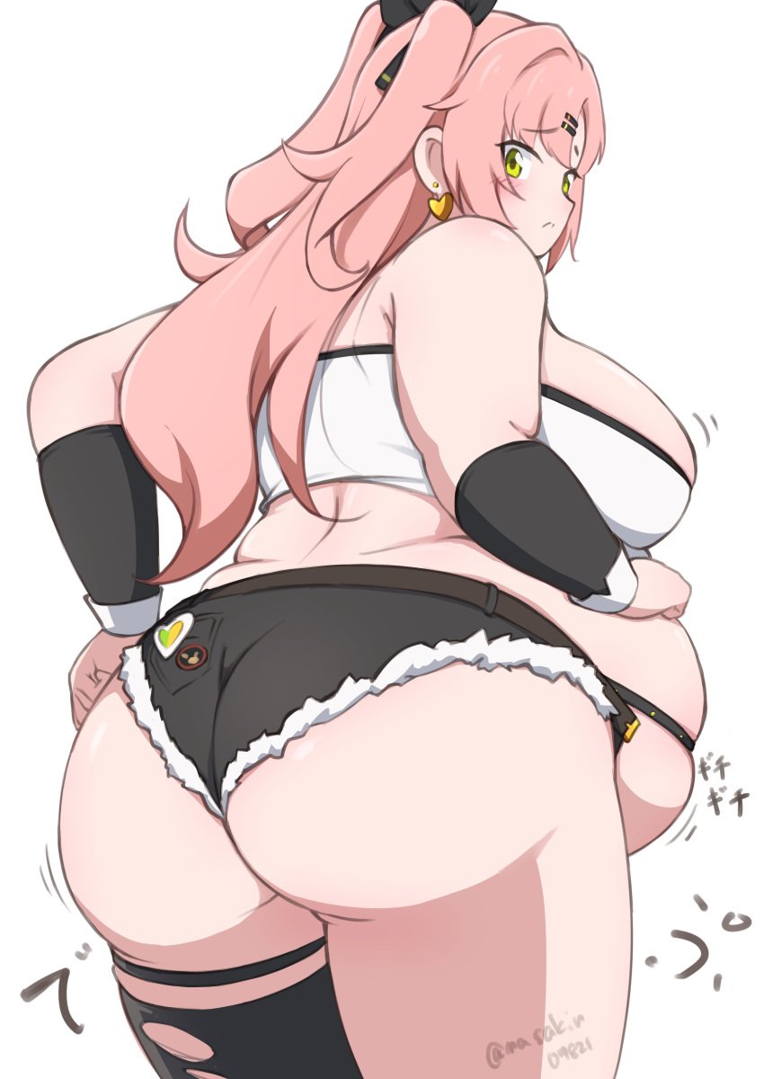 ass belt big_belly black_thighhighs blush breasts cunning_hares cutoffs earrings fat fat_woman female from_behind green_eyes hair_ornament hair_ribbon hairclip heart heart_earrings jewelry large_breasts long_hair looking_back masakin nicole_demara obese pink_hair ribbon short_shorts shorts single_thighhigh solo standing strapless thigh_strap thighhighs torn_clothes torn_thighhighs tube_top white_background wrist_cuffs zenless_zone_zero