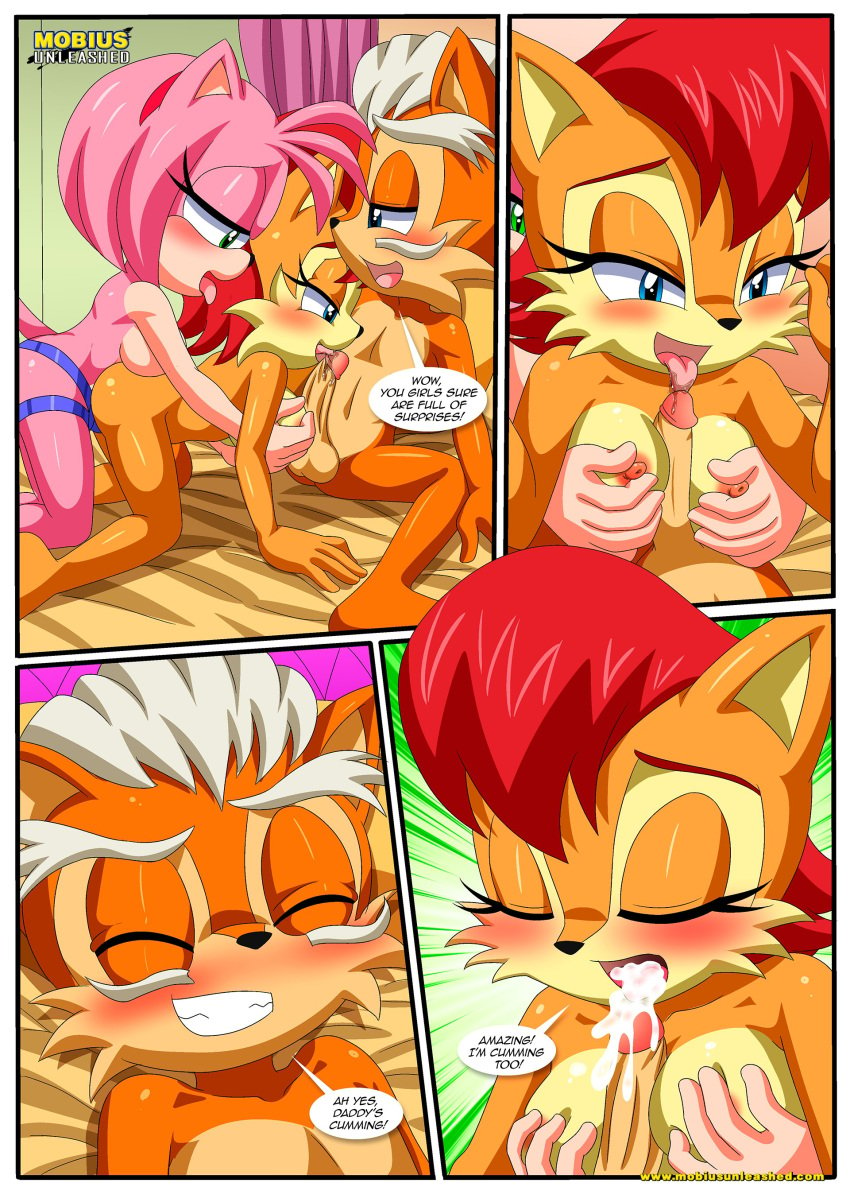 1boy 2girls amy_rose anthro balls barefoot bbmbbf bed blush breast_grab breasts comic cum cum_in_mouth cum_inside cum_on_penis cum_on_tongue doggy_style father_and_daughter female female/female incest licking licking_penis male male/female maximilian_acorn medium_breasts mobius_unleashed nipples nude oral oral_sex paizuri palcomix penis penis_lick penis_licking sally_acorn sega sex sex_toy sonic_(series) sonic_the_hedgehog_(series) strap-on threesome titfuck titjob uncensored vaginal_penetration vaginal_sex who_is_your_daddy_(comic)