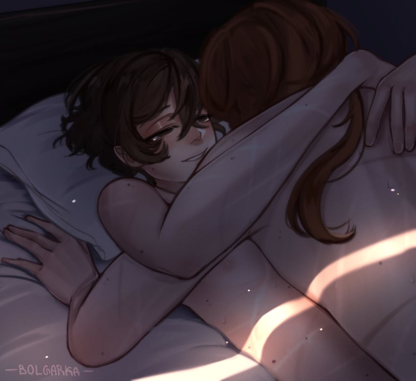 2boys after_sex bed bed_sheet bedroom before_sex brown_eyes brown_hair brunet bsd bungo_stray_dogs bungou_stray_dogs chuuya_nakahara color colored couple couple_(romantic) cute dazai_osamu duo duo_focus head_on_pillow heavy_eyelids implied_sex in_bed long_hair long_hair_male male male/male male_focus male_only nakahara_chuuya naked naked_male naked_male_naked_male no_sex nude nude_male nude_male_nude_male osamu_dazai pillow pillows red_hair romantic_ambiance scar scars seductive seductive_look seductive_smile short_hair smile smiling smiling_at_partner soukoku suggestive suggestive_look