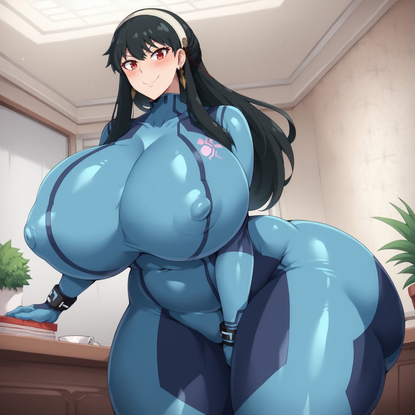 1girls ai_generated big_breasts black_hair blue_bodysuit bodysuit breasts breasts_bigger_than_head cosplay female female_only huge_breasts hyper_ass hyper_breasts large_breasts long_hair lovermam metroid red_eyes samus_aran_(cosplay) shueisha spy_x_family venus_body yor_briar zero_suit_samus_(cosplay)