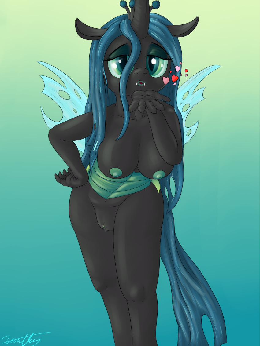 anthro anthrofied arthropod black_fur black_skin blowing_kiss blue_hair breasts changeling fangs female fingers friendship_is_magic fur green_eyes hair hand_on_hip heart hi_res horn insect_wings insects kissing lips long_legs looking_at_viewer my_little_pony nipples portrait pose pussy queen_chrysalis_(mlp) simple_background slit_pupils solo teeth three-quarter_portrait wings xanthor