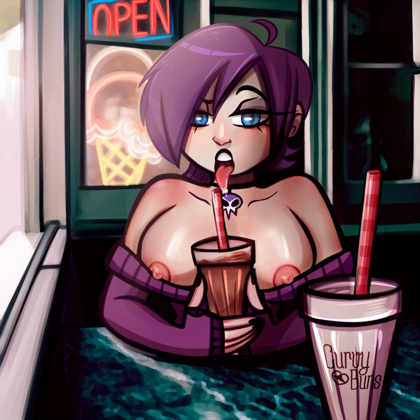 black_lips breasts choker curvy_buns curvybuns female lipstick mascot milkshake nipples purple_hair zone-tan